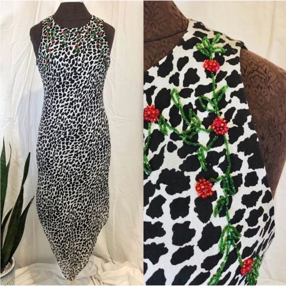 Vintage Dresses & Skirts - Vintage 1990s Jessica Howard Sleeveless Animal Print Beaded Midi Dress